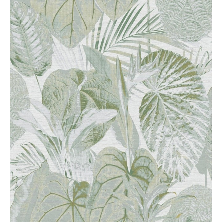 Papel pintado de hojas grandes tropicales en tonos verdes y blancos - Makira Vibes 683320