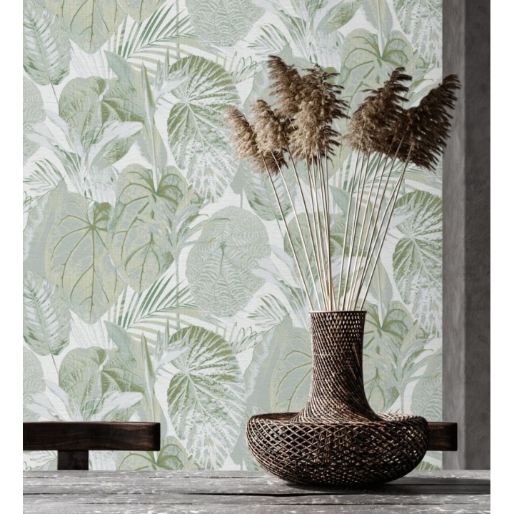 Papel pintado de hojas grandes tropicales en tonos verdes y blancos - Makira Vibes 683320