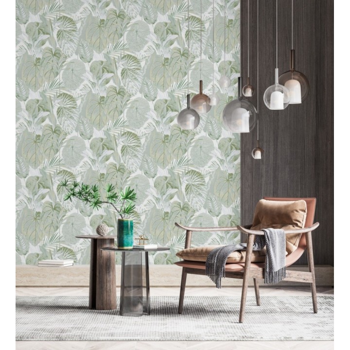 Papel pintado de hojas grandes tropicales en tonos verdes y blancos - Makira Vibes 683320
