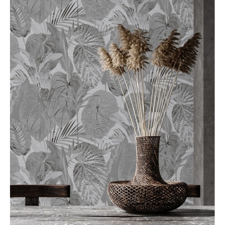 Papel pintado de hojas grandes tropicales en tonos grises - Makira Vibes 683321