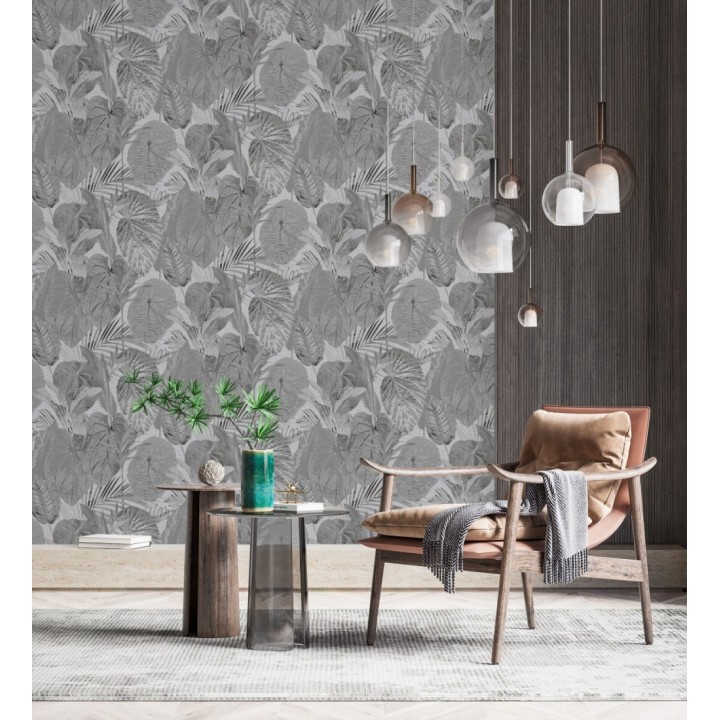 Papel pintado de hojas grandes tropicales en tonos grises - Makira Vibes 683321