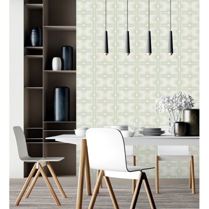 Papel pintado geométrico estilo retro de los años 70 tonos verde claro - Otto Eclectic 683332