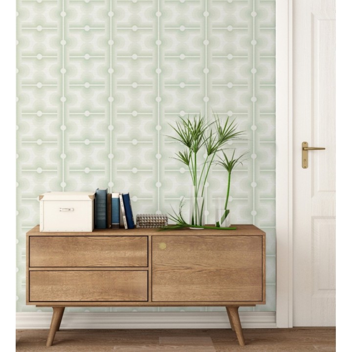 Papel pintado geométrico estilo retro de los años 70 tonos verde claro - Otto Eclectic 683332