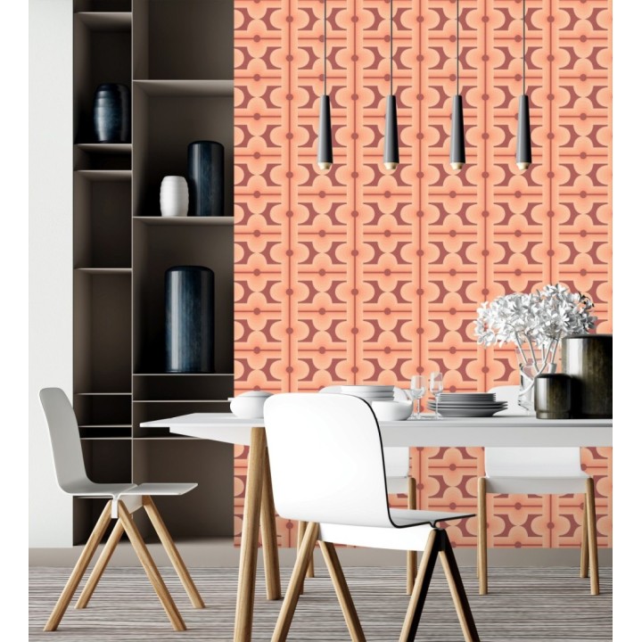 Papel pintado geométrico estilo retro de los años 70 tonos coral - Otto Eclectic 683333