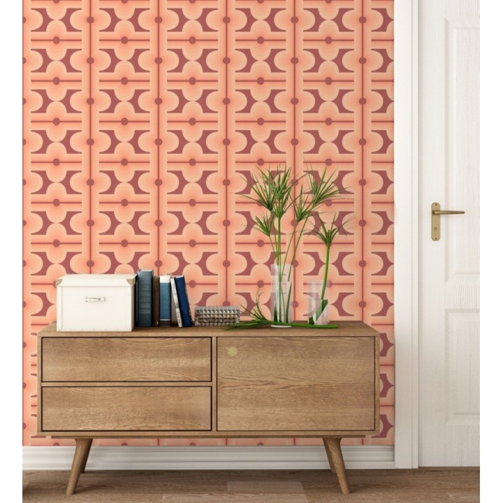 Papel pintado geométrico estilo retro de los años 70 tonos coral - Otto Eclectic 683333
