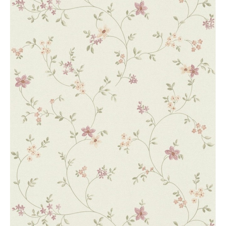 Papel pintado de flores pequeñas con textura entelada en colores malva y beige fondo blanco - Petit Spring 683341