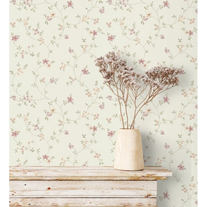 Papel pintado de flores pequeñas con textura entelada en colores malva y beige fondo blanco - Petit Spring 683341