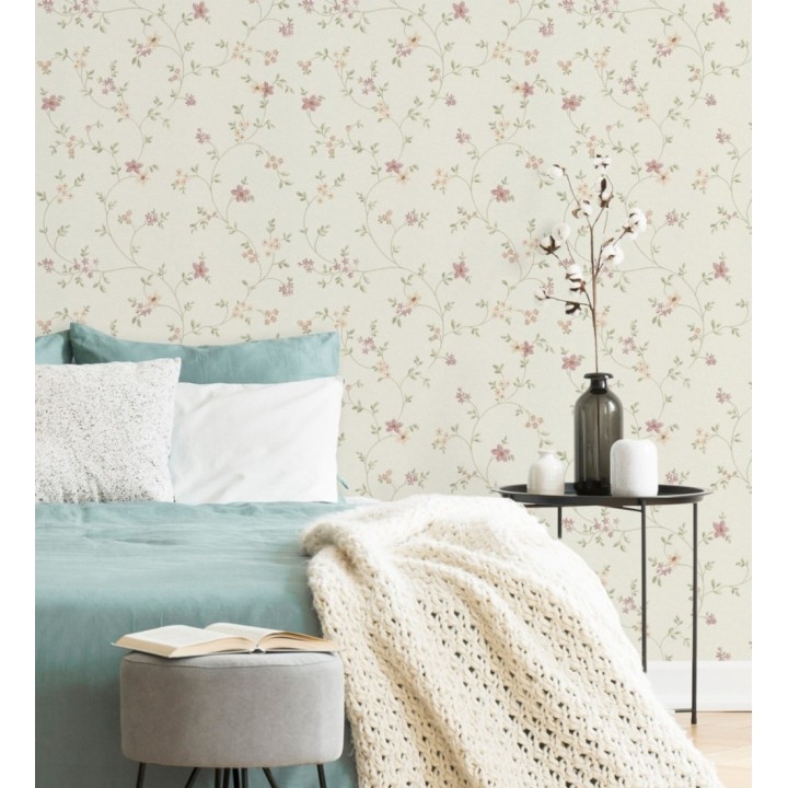 Papel pintado de flores pequeñas con textura entelada en colores malva y beige fondo blanco - Petit Spring 683341