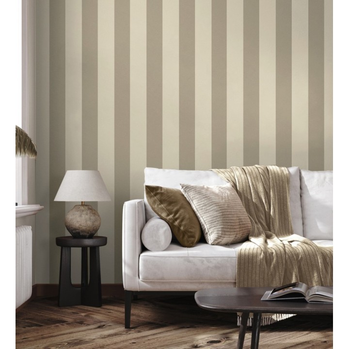 Papel pintado de rayas color beige nacarado con estilo refinado y atemporal - Chelsea Stripes 683349