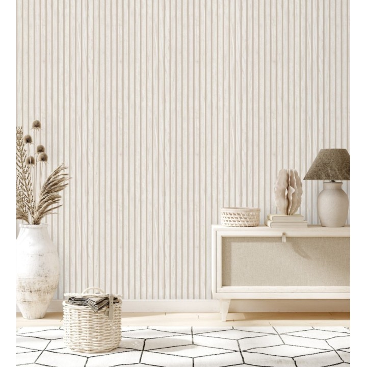 Papel pintado de listones de madera natural imitando a panel de palillería decorativo - Oak Orbit 683351