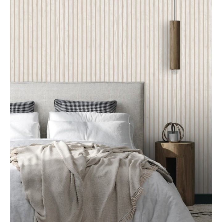 Papel pintado de listones de madera natural imitando a panel de palillería decorativo - Oak Orbit 683351