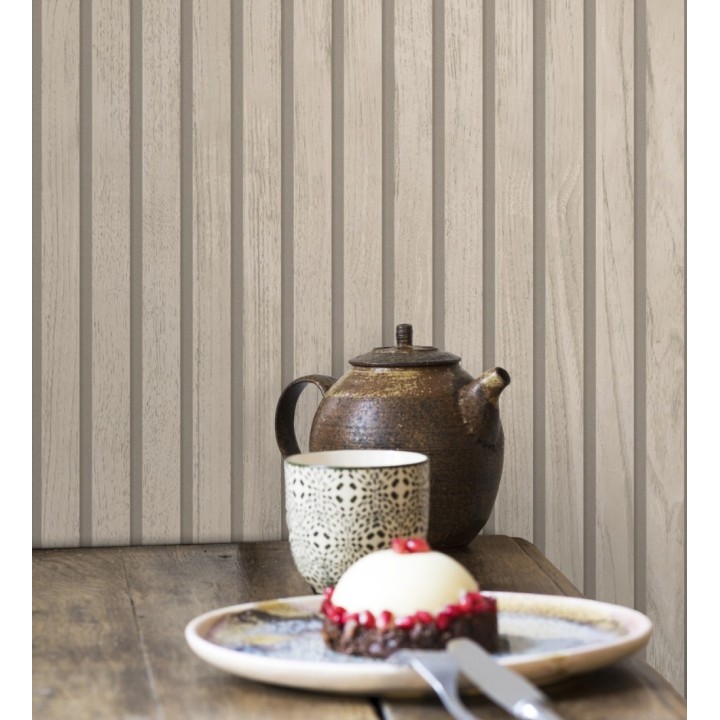 Papel pintado de listones de madera natural imitando a panel de palillería decorativo - Oak Orbit 683353