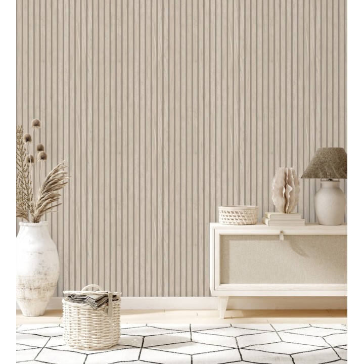 Papel pintado de listones de madera natural imitando a panel de palillería decorativo - Oak Orbit 683353