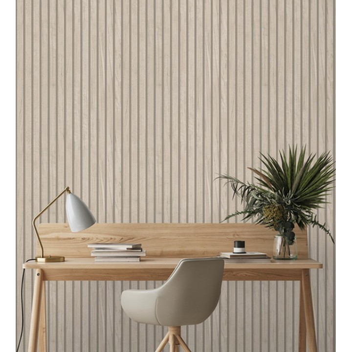 Papel pintado de listones de madera natural imitando a panel de palillería decorativo - Oak Orbit 683353