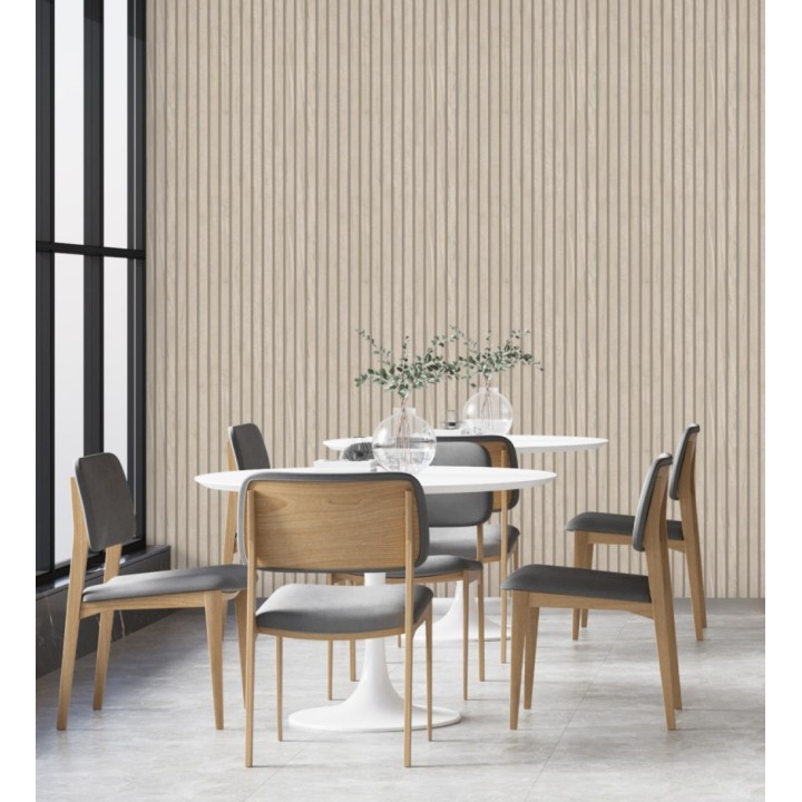 Papel pintado de listones de madera natural imitando a panel de palillería decorativo - Oak Orbit 683353