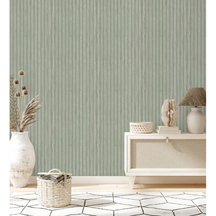 Papel pintado de listones de madera natural imitando a panel de palillería decorativo - Oak Orbit 683354