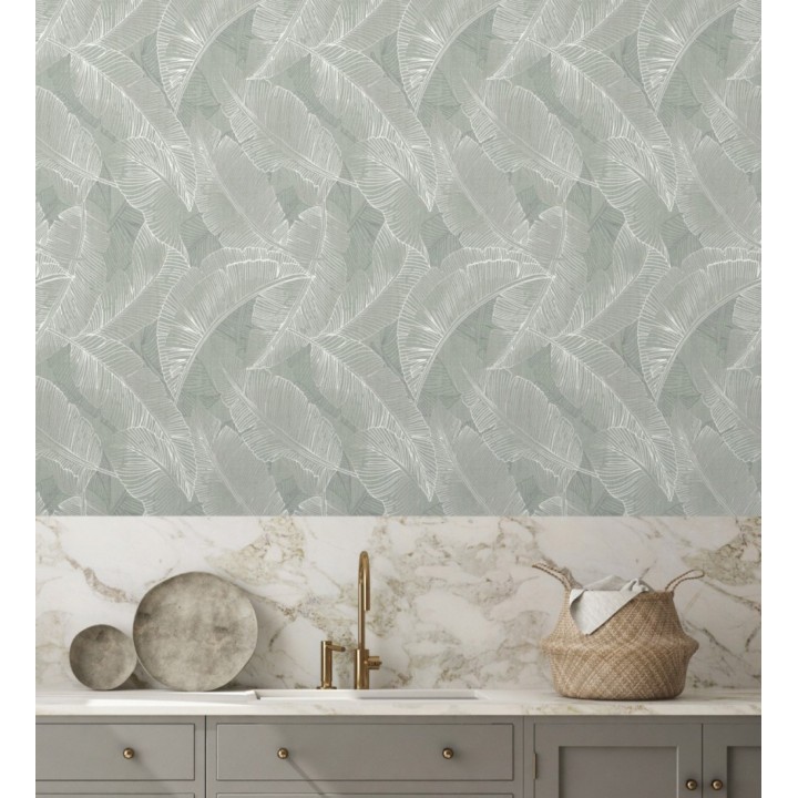 Papel pintado de hojas exóticas en estilo monocromático en tonos verdes - Java Leaves 683356