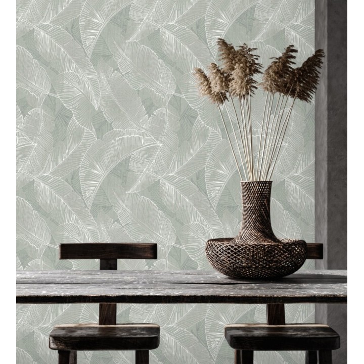 Papel pintado de hojas exóticas en estilo monocromático en tonos verdes - Java Leaves 683356