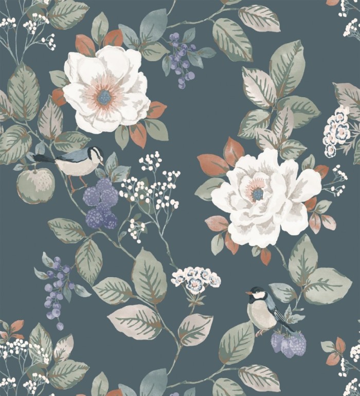 Papel pintado con diseño floral y pájaros estilo vintage fondo azul - Caramel Rose 683360
