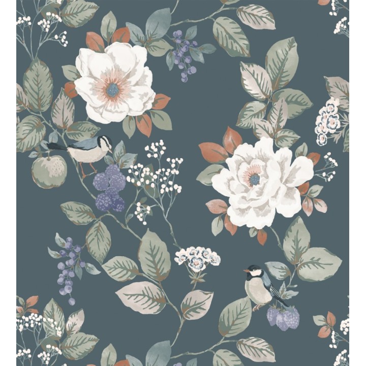 Papel pintado con diseño floral y pájaros estilo vintage fondo azul - Caramel Rose 683360