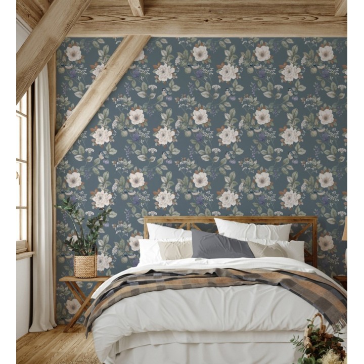 Papel pintado con diseño floral y pájaros estilo vintage fondo azul - Caramel Rose 683360