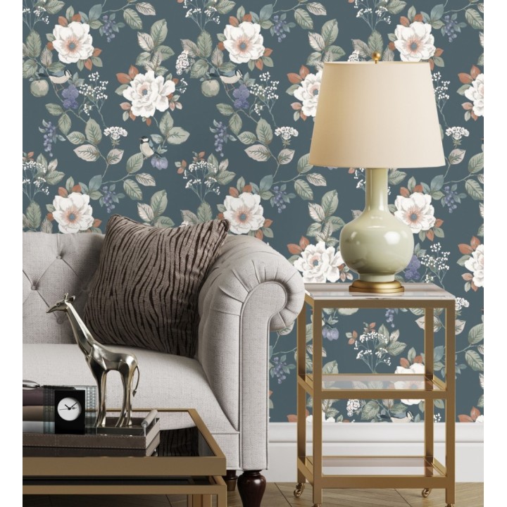 Papel pintado con diseño floral y pájaros estilo vintage fondo azul - Caramel Rose 683360