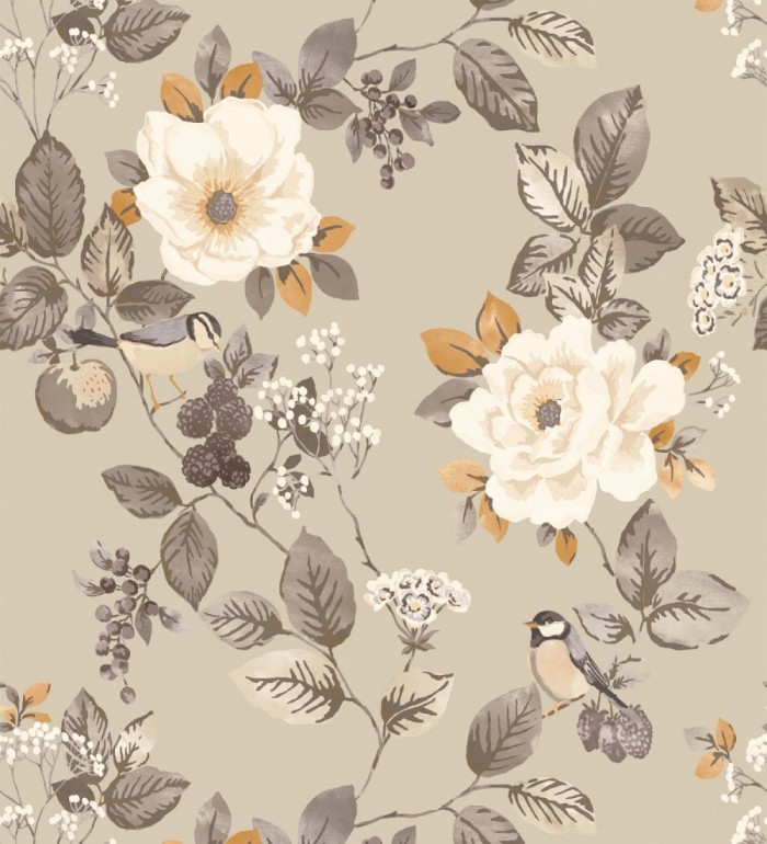 Papel pintado con diseño floral y pájaros estilo vintage fondo beige - Caramel Rose 683361