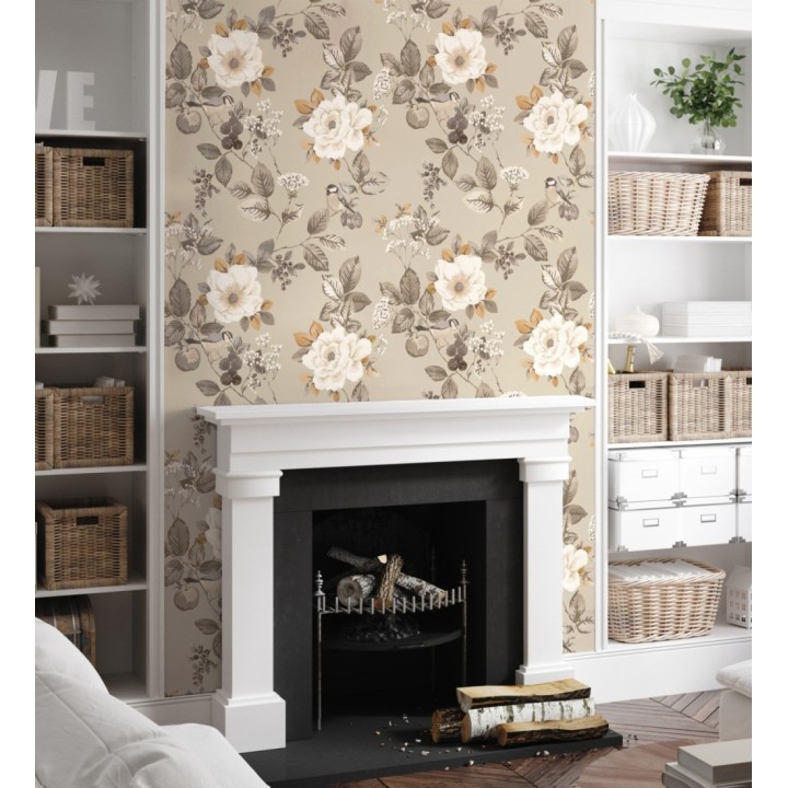 Papel pintado con diseño floral y pájaros estilo vintage fondo beige - Caramel Rose 683361