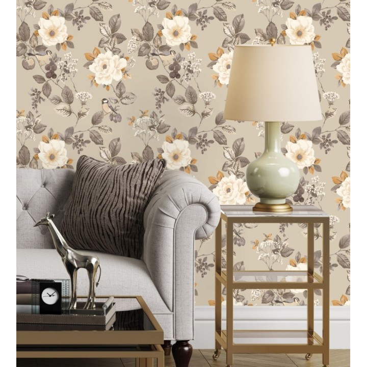 Papel pintado con diseño floral y pájaros estilo vintage fondo beige - Caramel Rose 683361