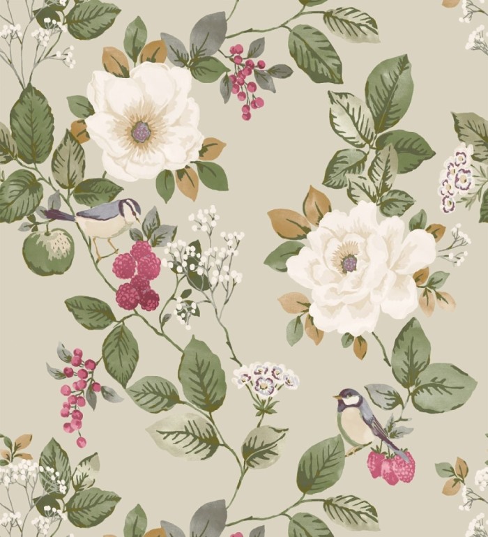 Papel pintado con diseño floral y pájaros estilo vintage fondo beige - Caramel Rose 683362