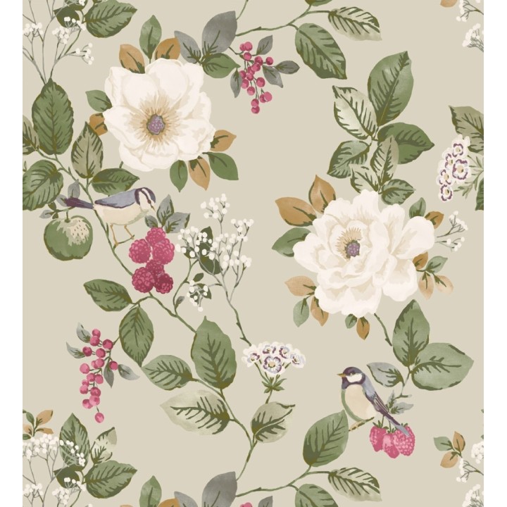 Papel pintado con diseño floral y pájaros estilo vintage fondo beige - Caramel Rose 683362