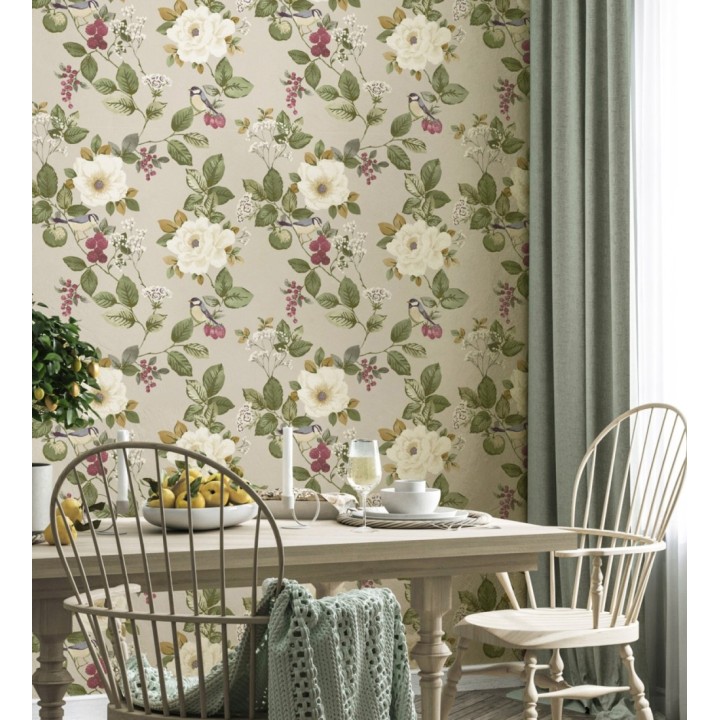 Papel pintado con diseño floral y pájaros estilo vintage fondo beige - Caramel Rose 683362