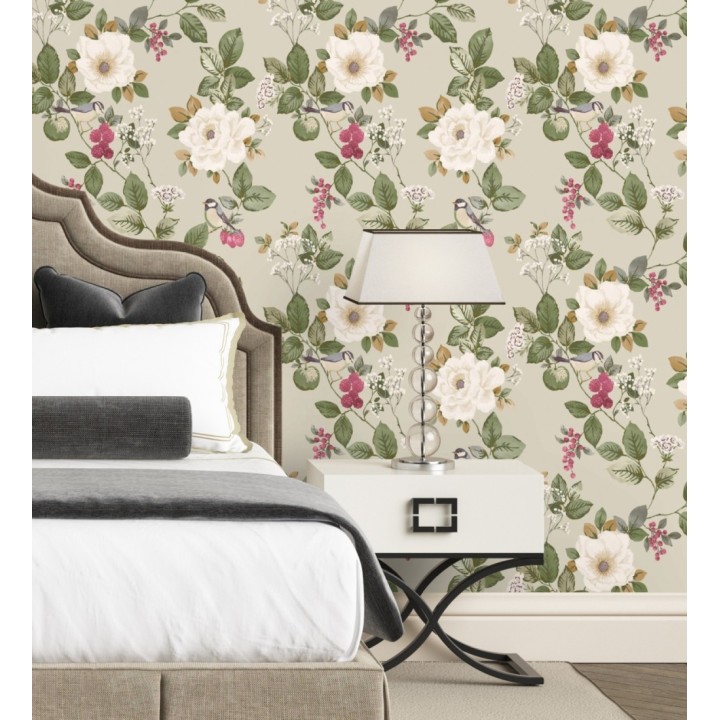 Papel pintado con diseño floral y pájaros estilo vintage fondo beige - Caramel Rose 683362