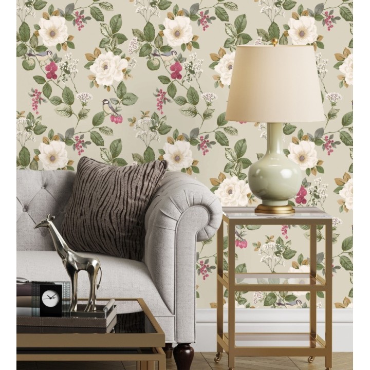 Papel pintado con diseño floral y pájaros estilo vintage fondo beige - Caramel Rose 683362