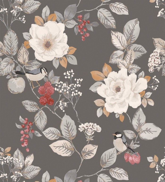 Papel pintado con diseño floral y pájaros estilo vintage fondo gris oscuro - Caramel Rose 683363