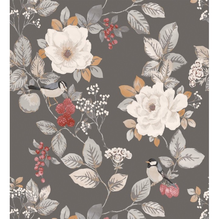 Papel pintado con diseño floral y pájaros estilo vintage fondo gris oscuro - Caramel Rose 683363