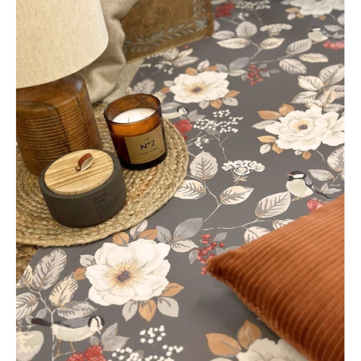 Papel pintado con diseño floral y pájaros estilo vintage fondo gris oscuro - Caramel Rose 683363