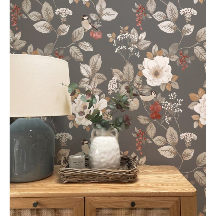 Papel pintado con diseño floral y pájaros estilo vintage fondo gris oscuro - Caramel Rose 683363