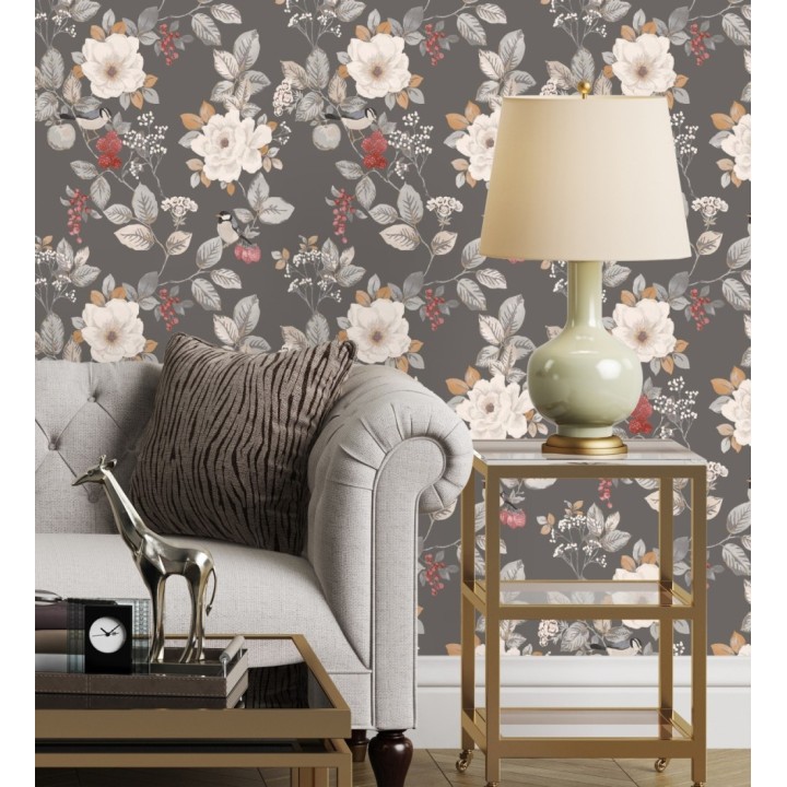 Papel pintado con diseño floral y pájaros estilo vintage fondo gris oscuro - Caramel Rose 683363