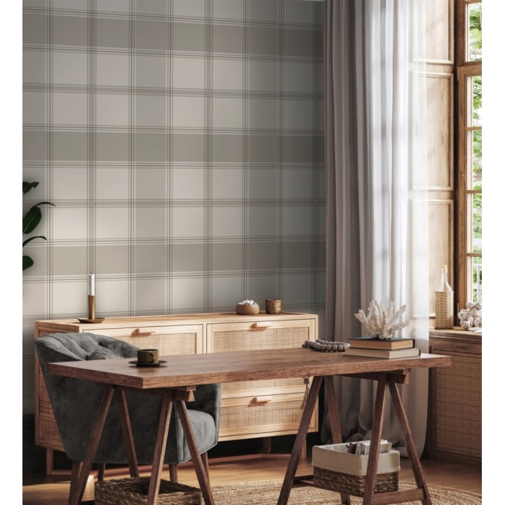 Papel pintado de cuadros escoceses en color beige - Hamilton Tartan 683364