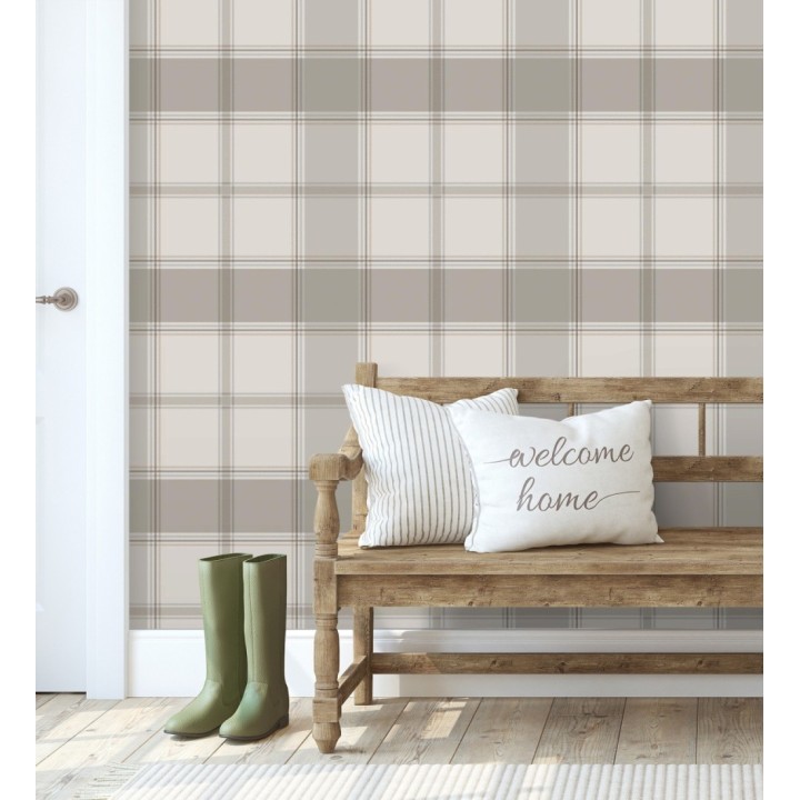 Papel pintado de cuadros escoceses en color beige - Hamilton Tartan 683364