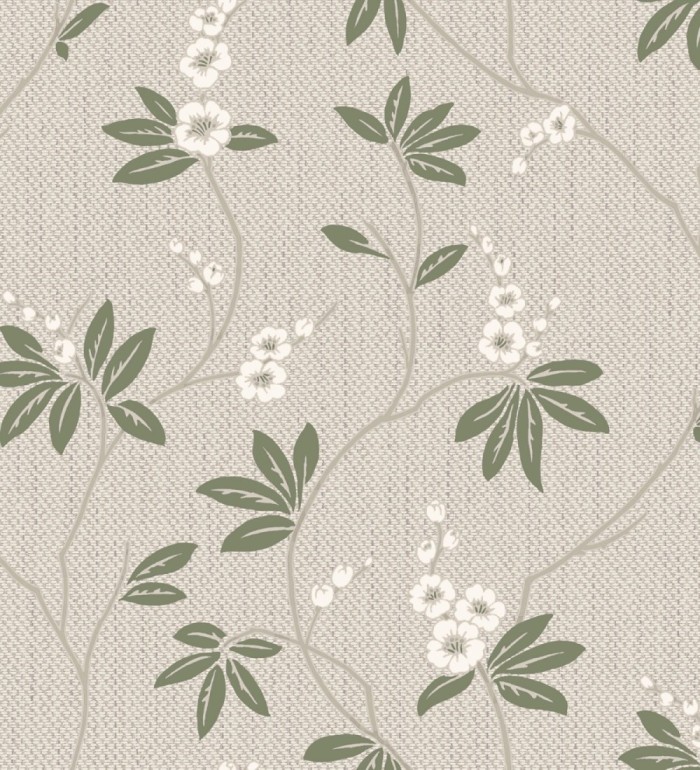 Papel pintado con flores sutiles blancas sobre un fondo trenzado de arpillera - Miranda Flowers 683367