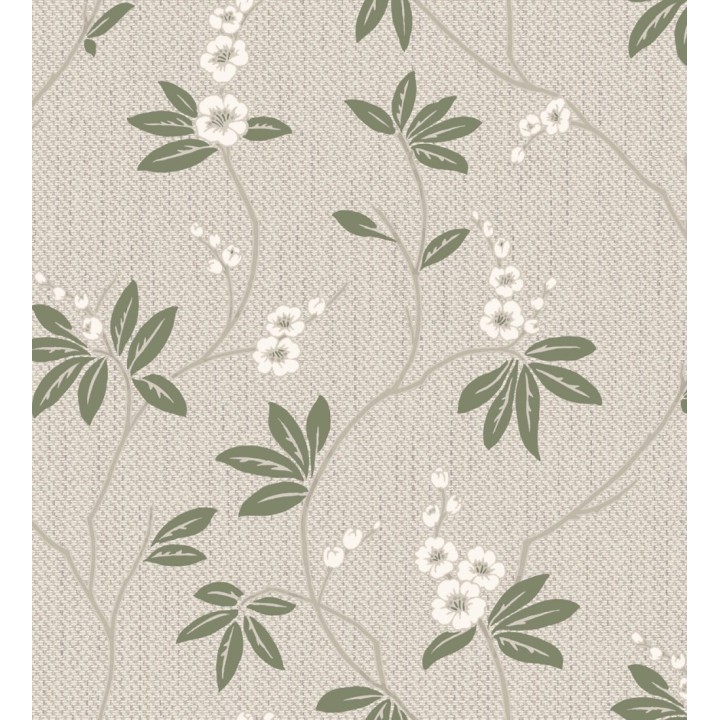 Papel pintado con flores sutiles blancas sobre un fondo trenzado de arpillera - Miranda Flowers 683367