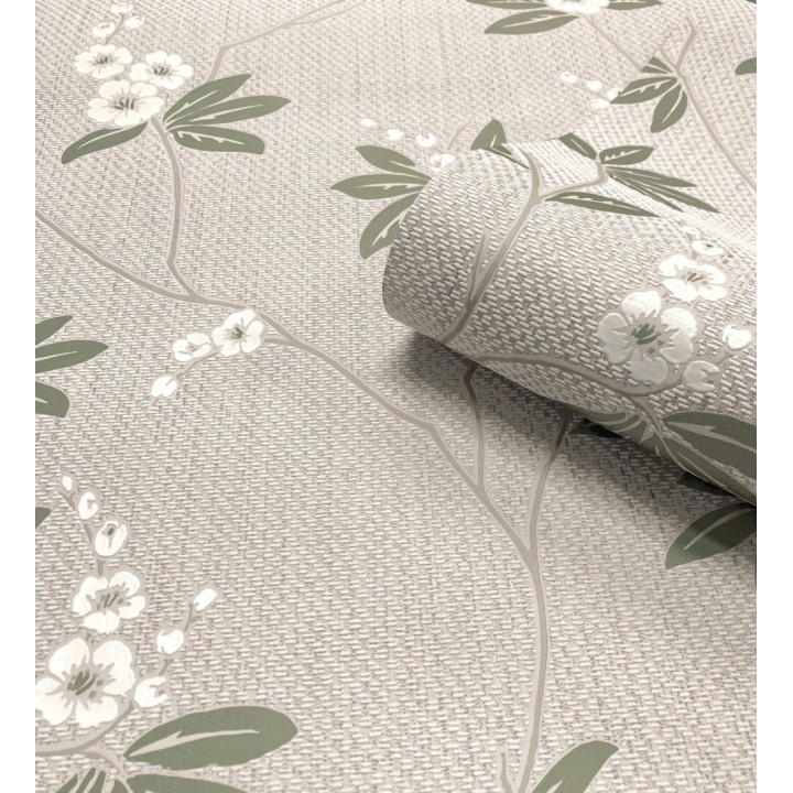 Papel pintado con flores sutiles blancas sobre un fondo trenzado de arpillera - Miranda Flowers 683367