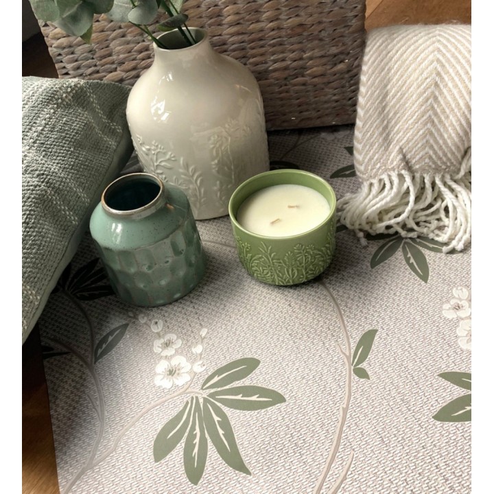 Papel pintado con flores sutiles blancas sobre un fondo trenzado de arpillera - Miranda Flowers 683367