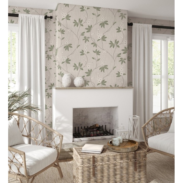 Papel pintado con flores sutiles blancas sobre un fondo trenzado de arpillera - Miranda Flowers 683367