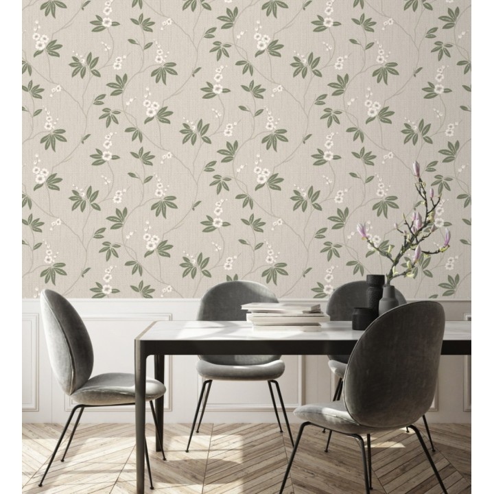 Papel pintado con flores sutiles blancas sobre un fondo trenzado de arpillera - Miranda Flowers 683367