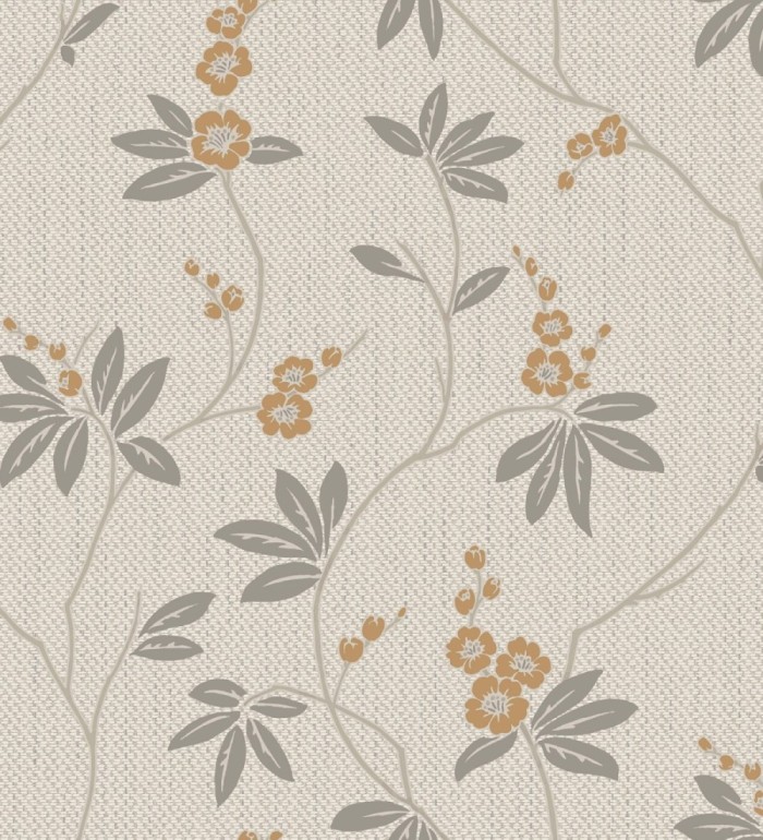 Papel pintado con flores sutiles ocre sobre un fondo trenzado de arpillera - Miranda Flowers 683368