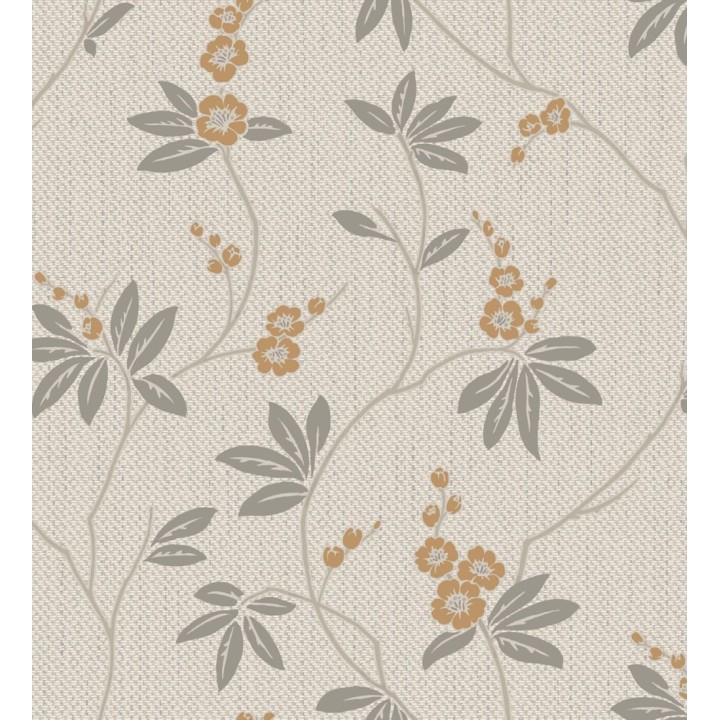 Papel pintado con flores sutiles ocre sobre un fondo trenzado de arpillera - Miranda Flowers 683368