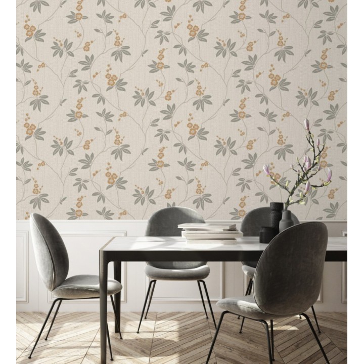 Papel pintado con flores sutiles ocre sobre un fondo trenzado de arpillera - Miranda Flowers 683368